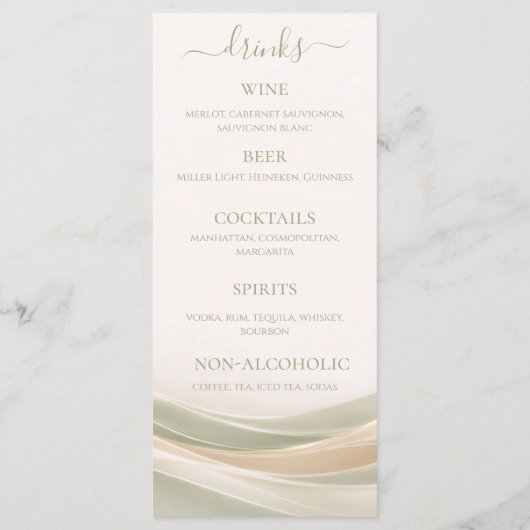 Sage Green and Ivory Wedding Dinner and Bar Menu  メニュー (裏面)