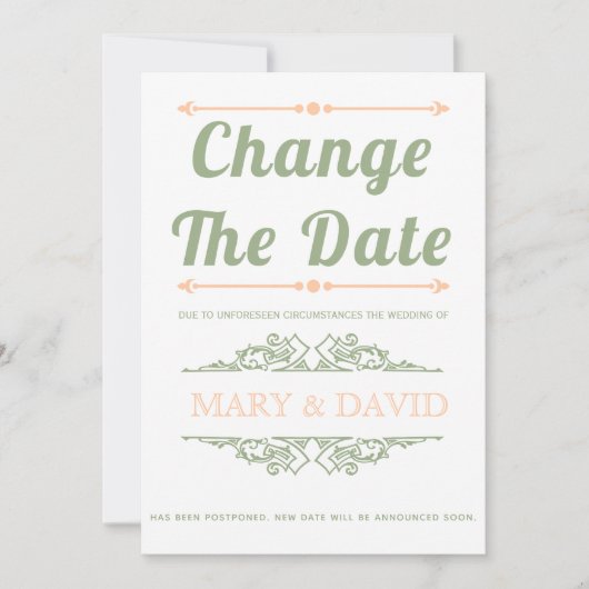 Sage green and peach日付の変更のお知らせ セーブザデート (正面)