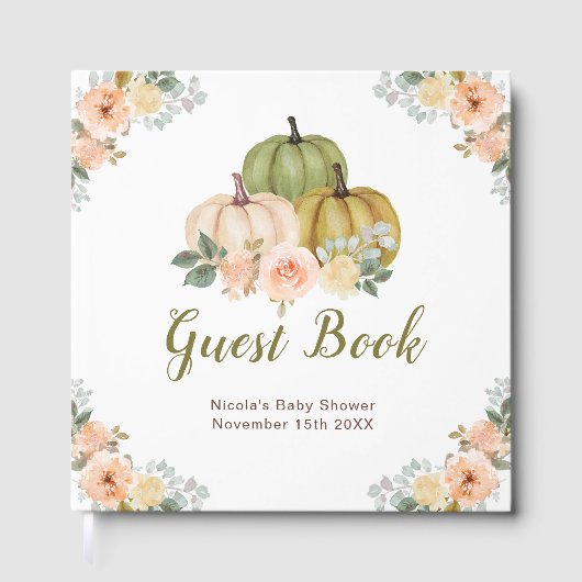Sage Green and Peach Floral Pumpkins Baby Shower ゲストブック (正面)