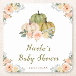 Sage Green and Peach Floral Pumpkins Baby Shower スクエアペーパーコースター