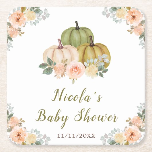 Sage Green and Peach Floral Pumpkins Baby Shower スクエアペーパーコースター (正面)