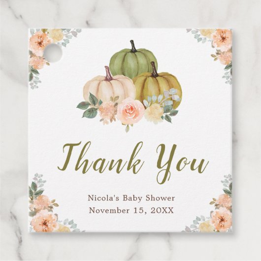 Sage Green and Peach Floral Pumpkins Baby Shower フェイバータグ (正面)