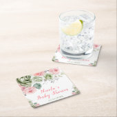 Sage Green and Pink Floral Baby Shower スクエアペーパーコースター (インサイチュ)