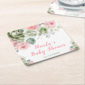 Sage Green and Pink Floral Baby Shower スクエアペーパーコースター (アングル)