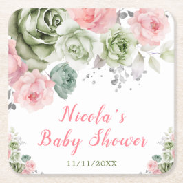 Sage Green and Pink Floral Baby Shower スクエアペーパーコースター
