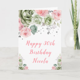 Sage Green and Pink Floral Birthday カード