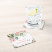 Sage Green and Pink Floral Birthday スクエアペーパーコースター (インサイチュ)