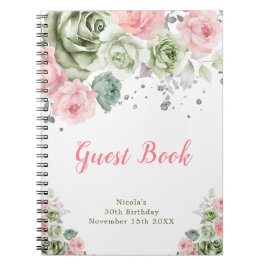 Sage Green and Pink Floral Birthday Guest Book ノートブック
