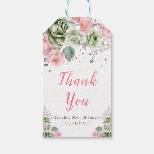 Sage Green and Pink Floral Birthday Thank You ギフトタグ (正面)