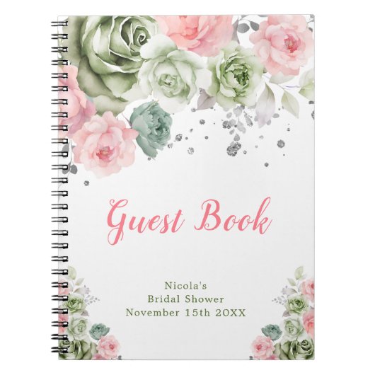 Sage Green and Pink Floral Bridal Guest Book ノートブック (正面)