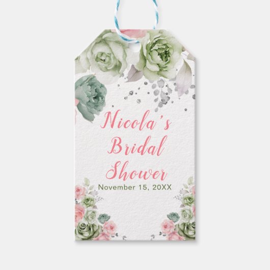 Sage Green and Pink Floral Bridal Shower ギフトタグ (正面)