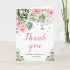 Sage Green and Pink Floral Bridal Shower サンキューカード