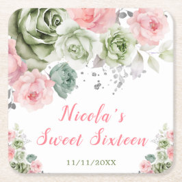 Sage Green and Pink Floral Sweet Sixteen スクエアペーパーコースター