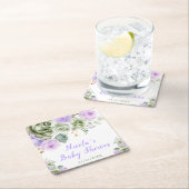 Sage Green and Purple Floral Baby Shower スクエアペーパーコースター (インサイチュ)