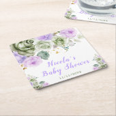 Sage Green and Purple Floral Baby Shower スクエアペーパーコースター (アングル)