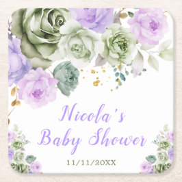 Sage Green and Purple Floral Baby Shower スクエアペーパーコースター