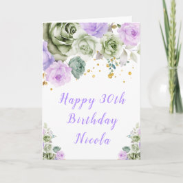Sage Green and Purple Floral Birthday カード