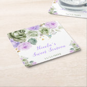Sage Green and Purple Floral Sweet Sixteen スクエアペーパーコースター (アングル)