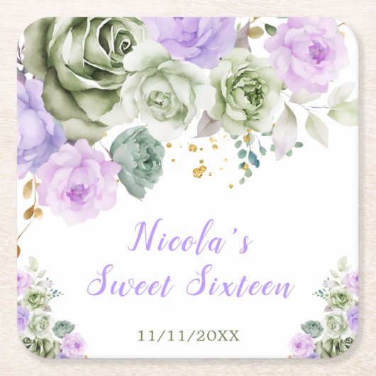 Sage Green and Purple Floral Sweet Sixteen スクエアペーパーコースター (正面)