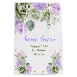Sage Green and Purple Floral Sweet Sixteen ミディアムペーパーバッグ