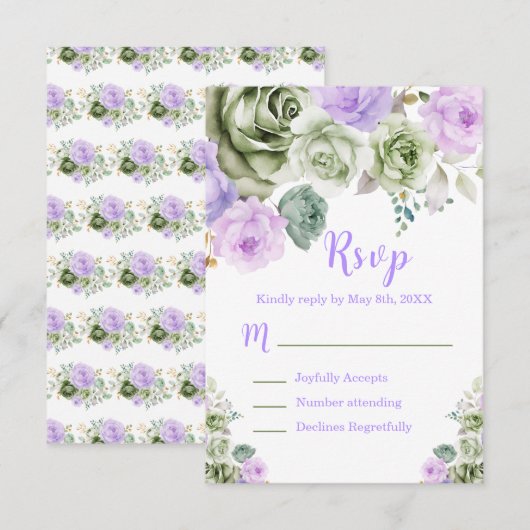 Sage Green and Purple Floral Sweet Sixteen 出欠カード (正面/裏面)