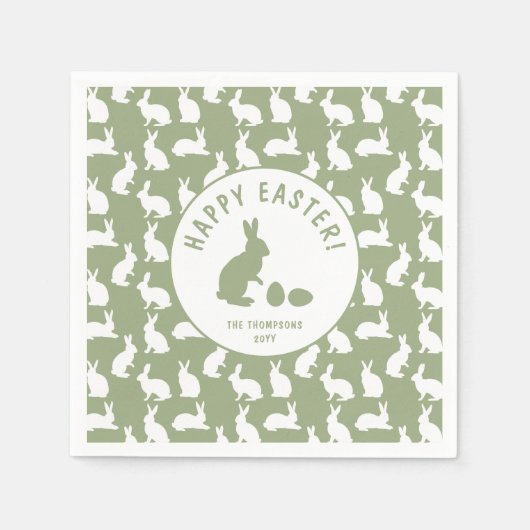 Sage Green And White Bunnies Happy Easter スタンダードカクテルナプキン (正面)