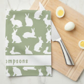 Sage Green And White Bunny Pattern And Name Easter キッチンタオル (四つ折り)