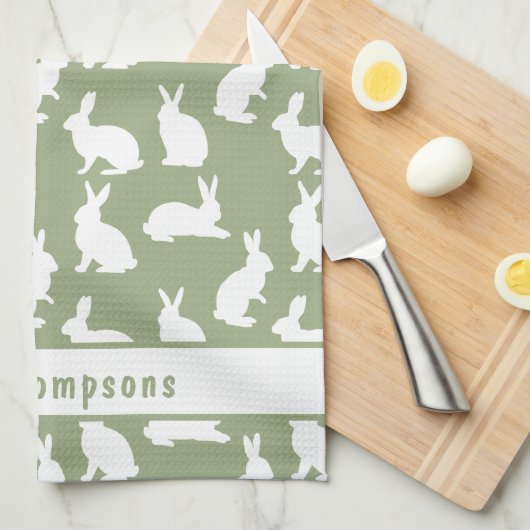 Sage Green And White Bunny Pattern And Name Easter キッチンタオル (四つ折り)