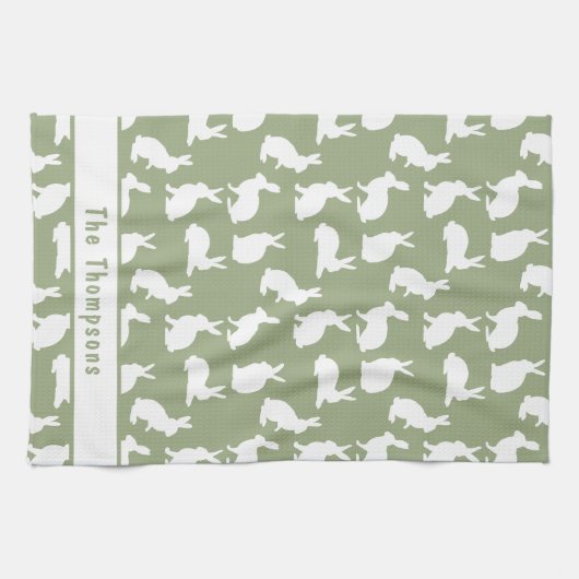 Sage Green And White Bunny Pattern And Name Easter キッチンタオル (横)