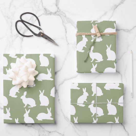 Sage Green And White Bunny Pattern Modern Easter ラッピングペーパーシート (正面)