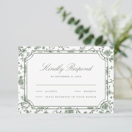 Sage Green and White Chinoiserie Wedding 出欠カード (スタンド正面)