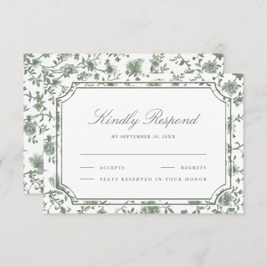 Sage Green and White Chinoiserie Wedding 出欠カード (正面/裏面)