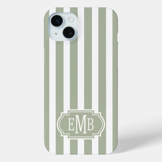 Sage Green and White Monogrammed Stripes Case-Mate iPhoneケース (裏面)