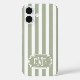 Sage Green and White Monogrammed Stripes iPhone 16ケース