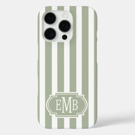 Sage Green and White Monogrammed Stripes Case-Mate iPhoneケース (裏面)