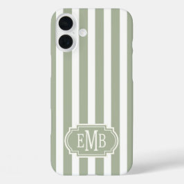 Sage Green and White Monogrammed Stripes iPhone 16 Plusケース