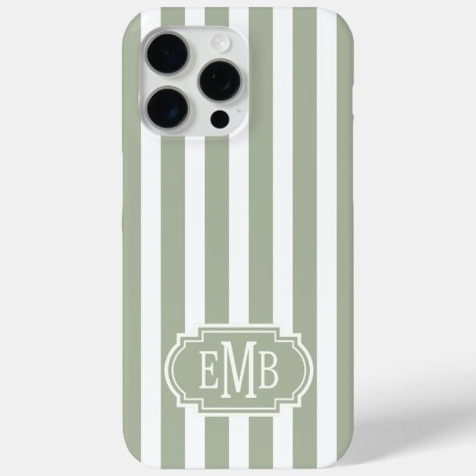 Sage Green and White Monogrammed Stripes Case-Mate iPhoneケース (裏面)