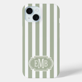 Sage Green and White Monogrammed Stripes iPhone 15ケース