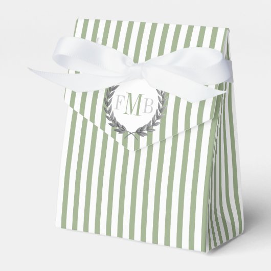 Sage green and white stripes monogram wedding フェイバーボックス (正面サイド)
