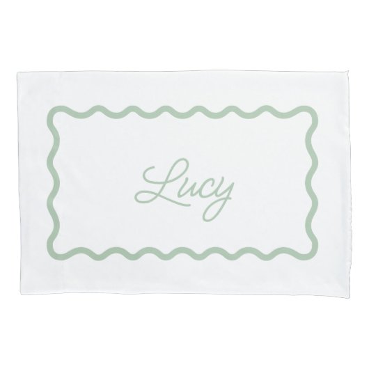 Sage Green and White Wavy Scallop Frame Monogram 枕カバー (正面)