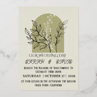 Sage Green Arch Botanical Wedding Invitation   箔招待状