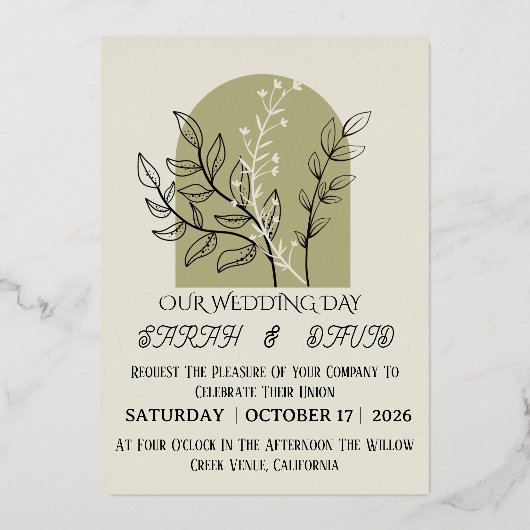 Sage Green Arch Botanical Wedding Invitation   箔招待状 (正面)