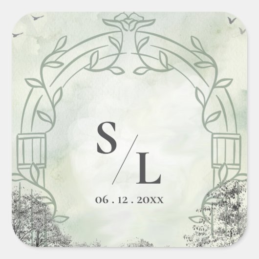 Sage Green Arch Monogram Initials Wedding Envelope スクエアシール (正面)