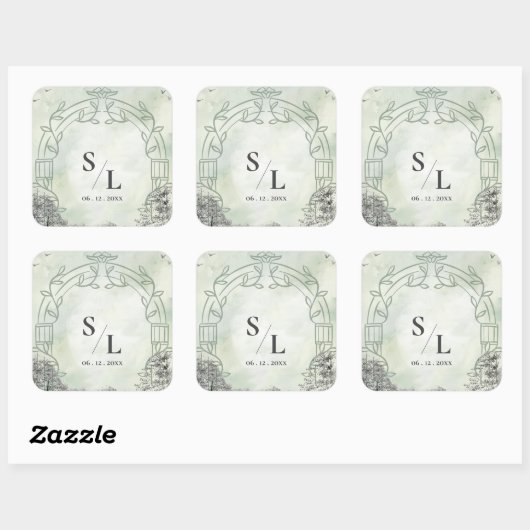 Sage Green Arch Monogram Initials Wedding Envelope スクエアシール (シート)
