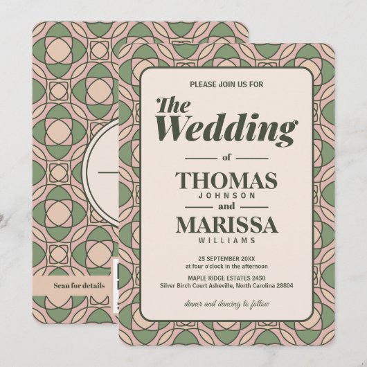 Sage Green Art Deco Wedding Invitation QR Code 招待状 (正面/裏面)