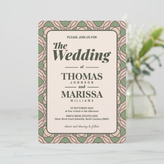 Sage Green Art Deco Wedding Invitation QR Code 招待状 (スタンド正面)