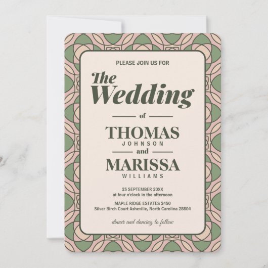 Sage Green Art Deco Wedding Invitation QR Code 招待状 (正面)