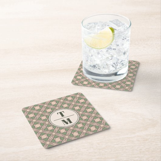 Sage Green Art Deco Wedding Monogram Coaster スクエアペーパーコースター (インサイチュ)