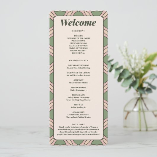 Sage Green Art Deco Wedding Program Card プログラム (スタンド正面)