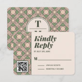 Sage Green Art Deco Wedding RSVP Card QR Code (正面/裏面)